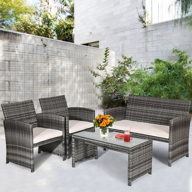 Tangkula 4 Pcs Patio Wicker Furniture Outdoor Rattan Chairs W cushions