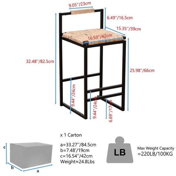 Set of 2 Counter Height Bar Stools with Woven Seat for Kitchen Home