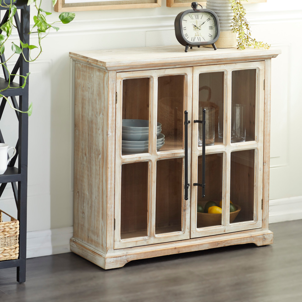 Farmhouse Rectangular Brown Wood and Glass 2 Door Cabinet   Farmhouse   Accent Chests And Cabinets   by Brimfield  ampMay  Houzz