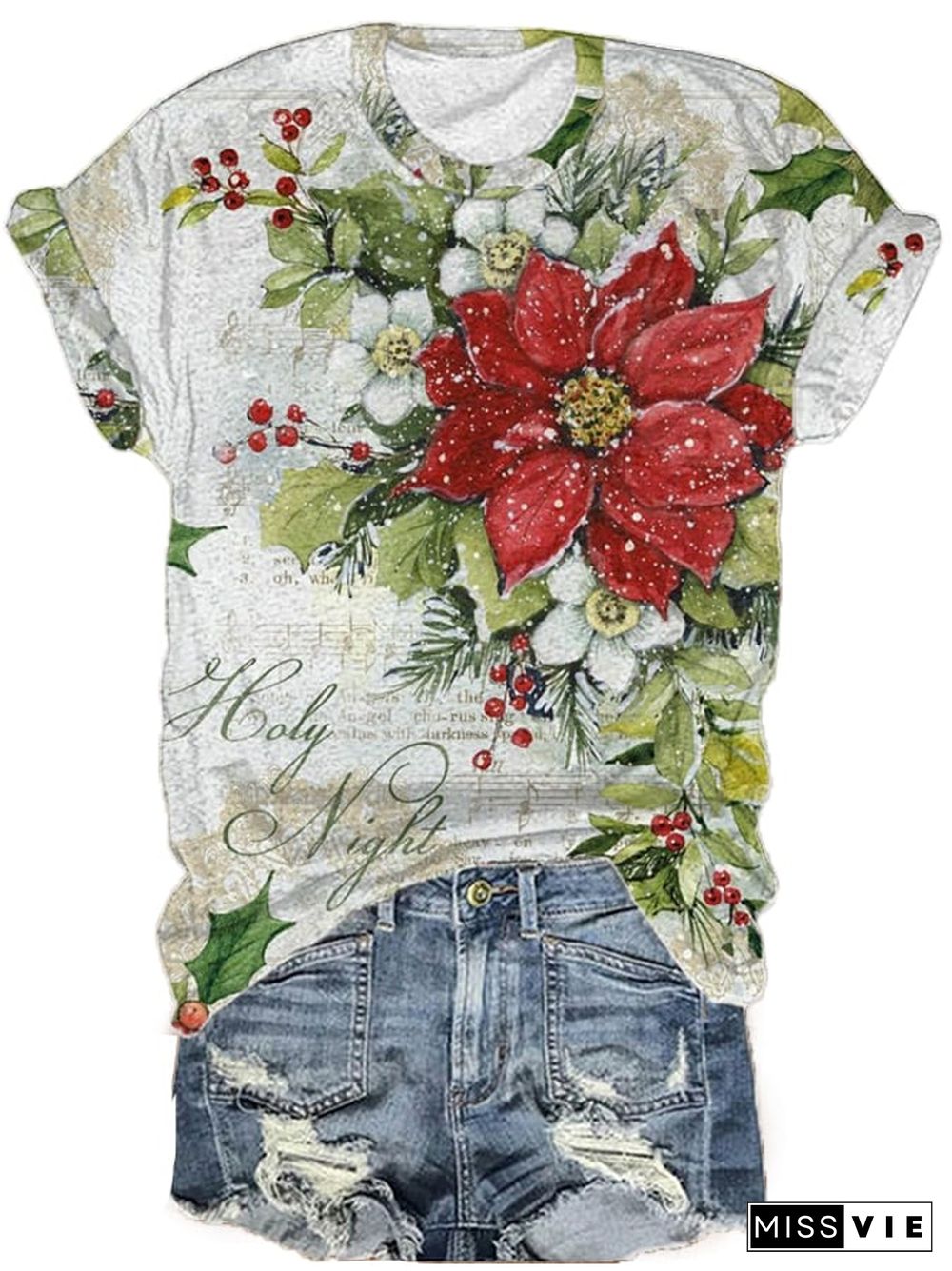 Women's Vintage Christmas Printed T-Shirt