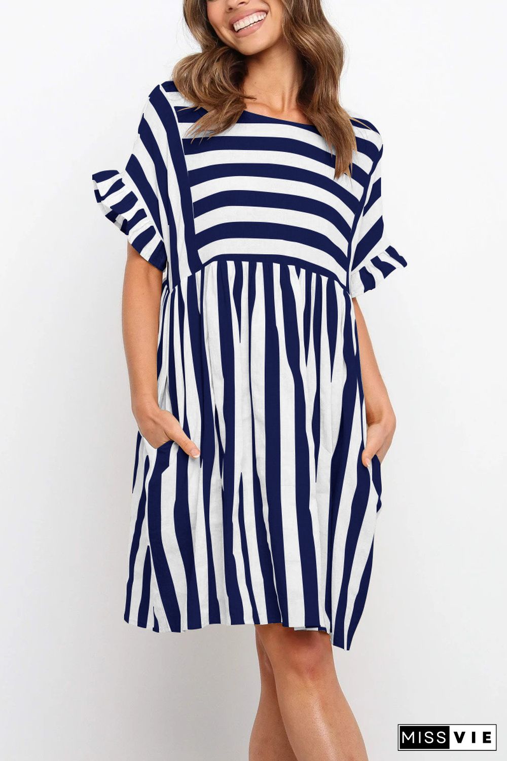 KarliDress Flounces Short Sleeved Stripes Mini Dress P12547