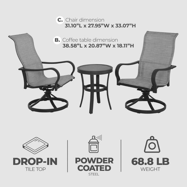 Four Seasons Courtyard Palermo 3 Piece Aluminum Bistro Furniture Set With Swivel Rockers And Drop In Tile Table For Outdoor Backyard Lawns And Patios