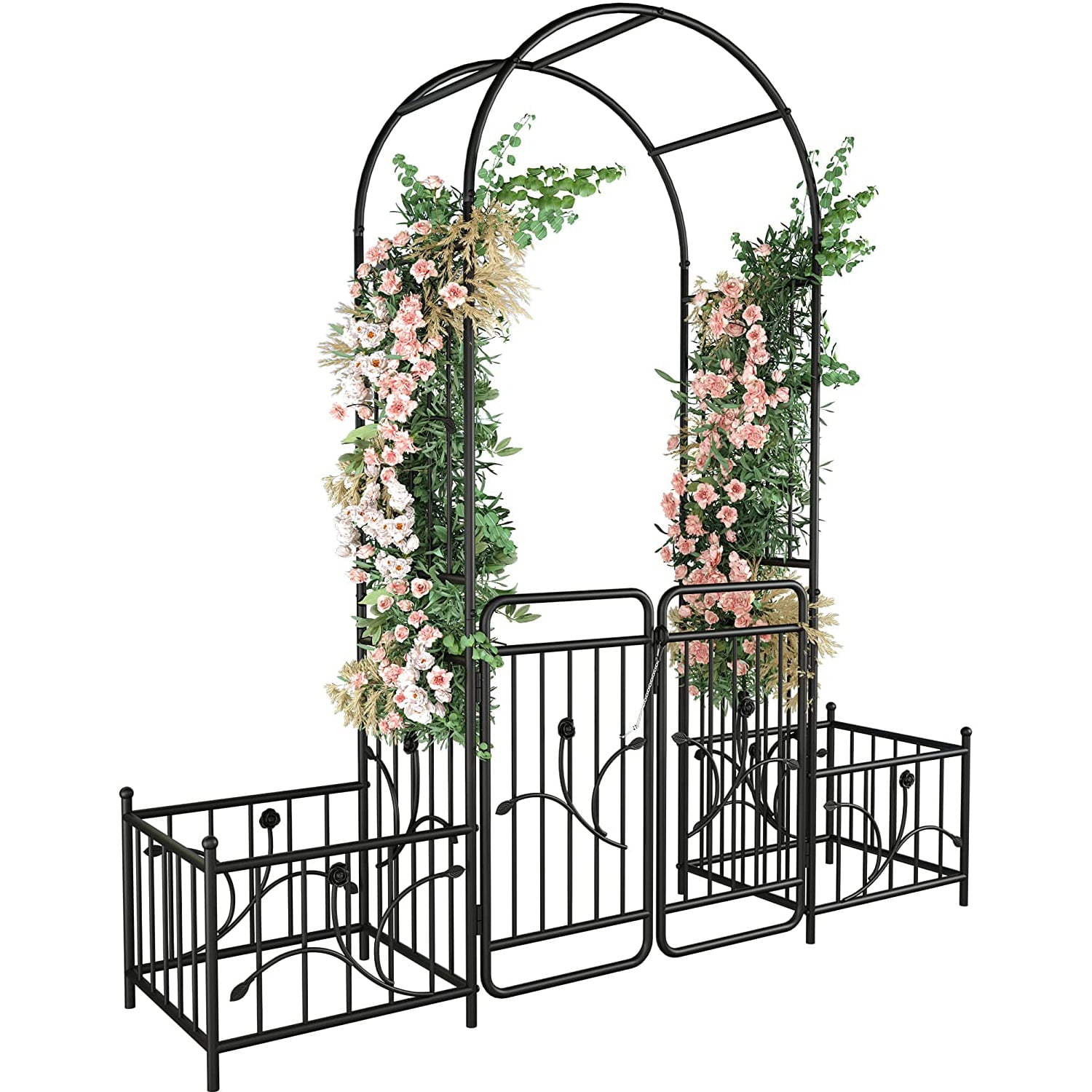 Garden Arbor Metal Garden Arch with Double Doors, Wedding Arch Party Decoration 2 Side Planter Baskets for Outdoor Lawn Climbing Plants Roses Vines