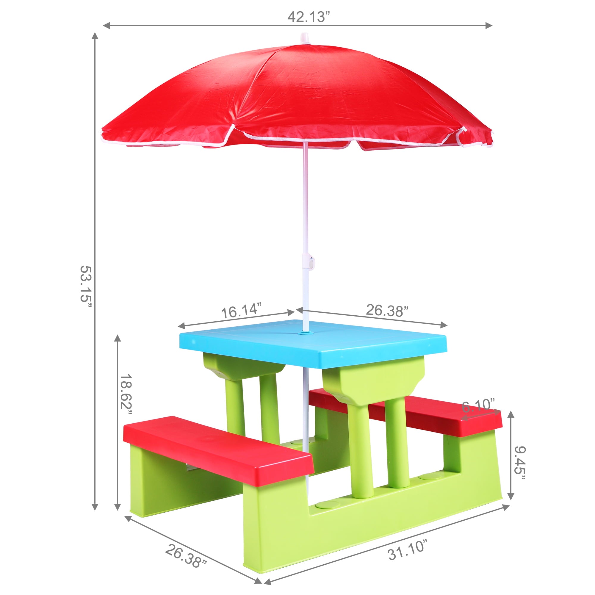 Tobbi 4 Seat Kids Picnic Table Bench Set Colorful Portable Garden Yard Bench W/ Removable Umbrella