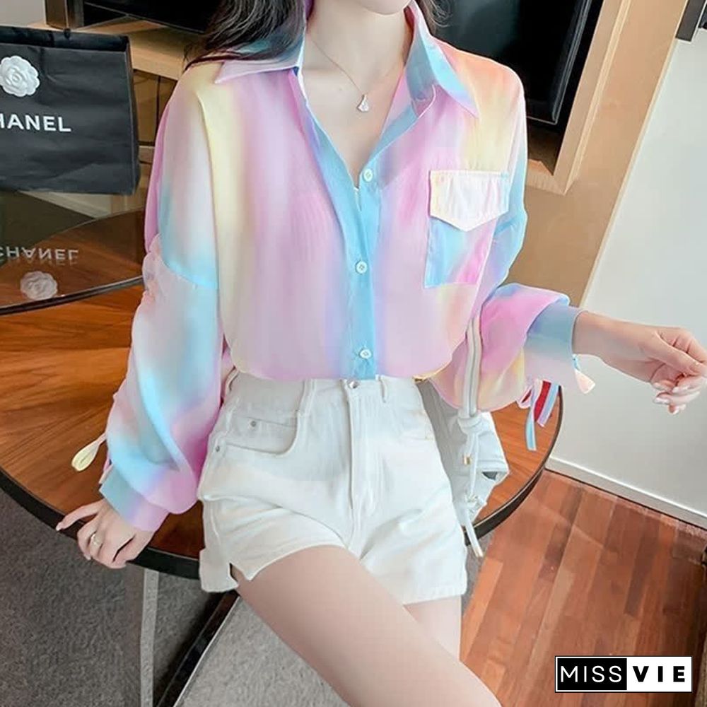 Casual Rainbow Print Drawstring Sleeve Crop Shirt