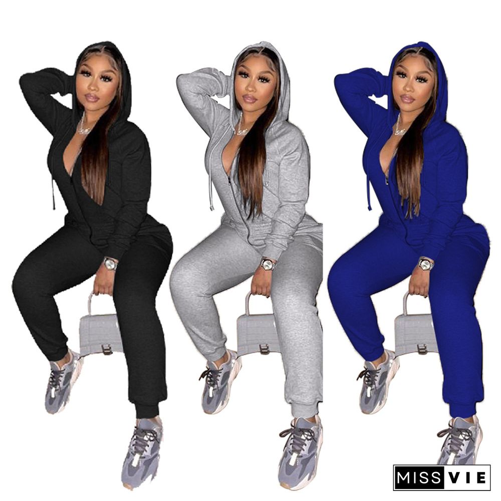 Casual Solid-color Long Sleeve Hooded Zipper Jumpsuit