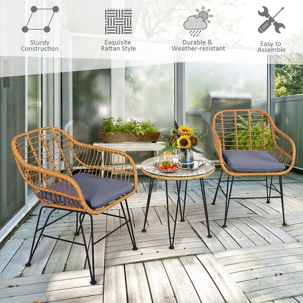 Costway 3PCS Patio Rattan Bistro Furniture Set Cushioned Chair Table