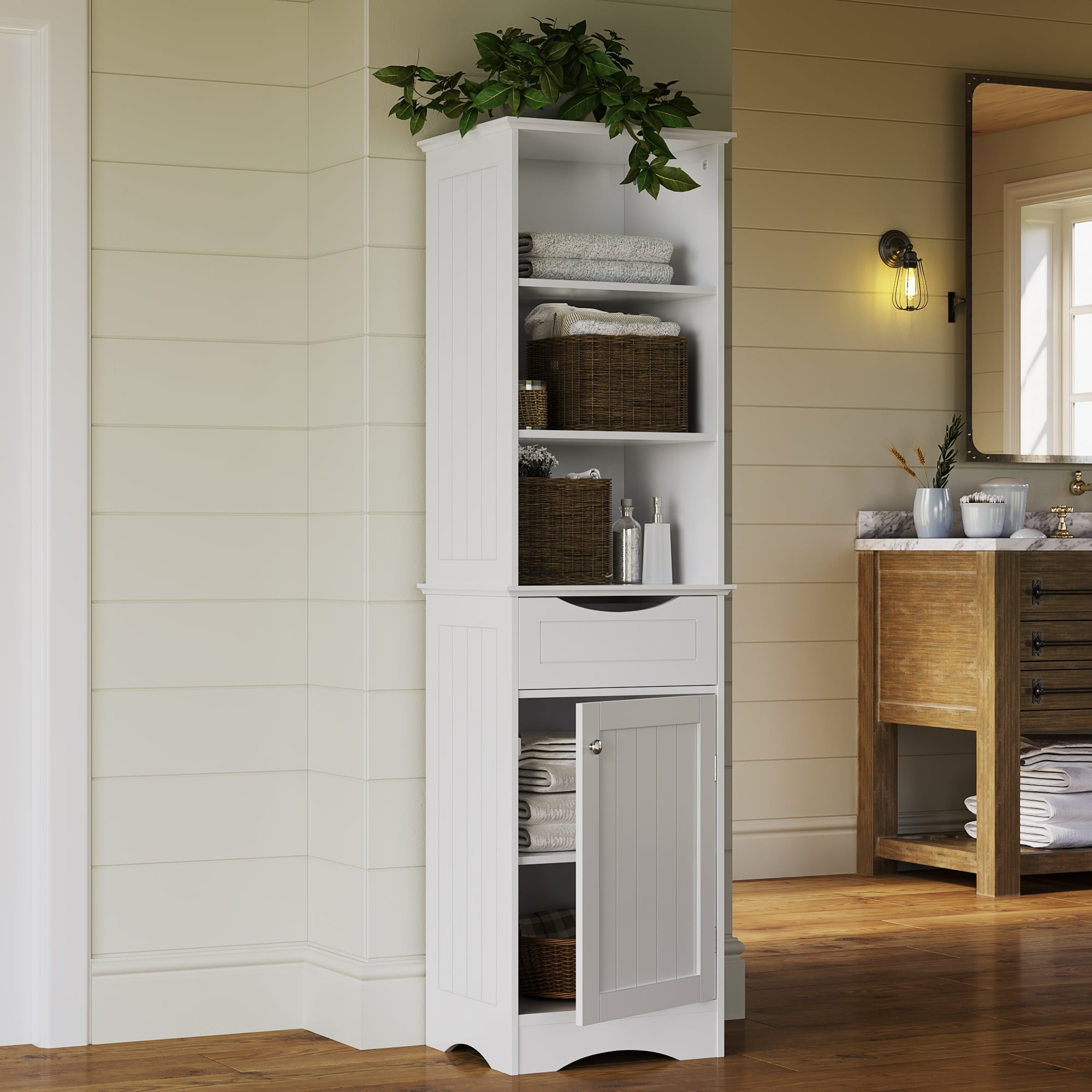 RiverRidge Home Ashland Tall Linen Storage Cabinet with Drawer, White