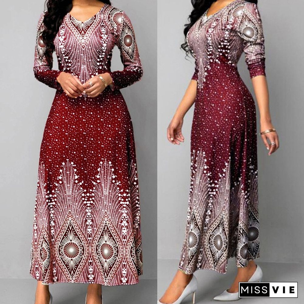 V-neck Retro Print Long-sleeved Dress Spring and Autumn Women's Clothing