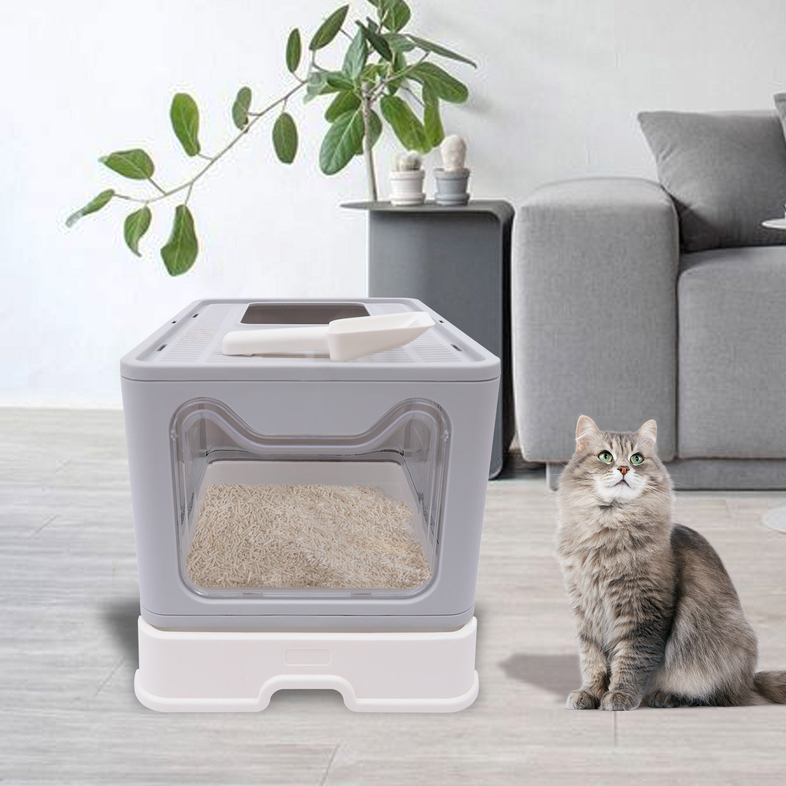 Miumaeov Foldable Cat Litter Box， Semi-enclosed Cat Litter Box with Bottom Drawer and Cat Litter Scoop (Grey)