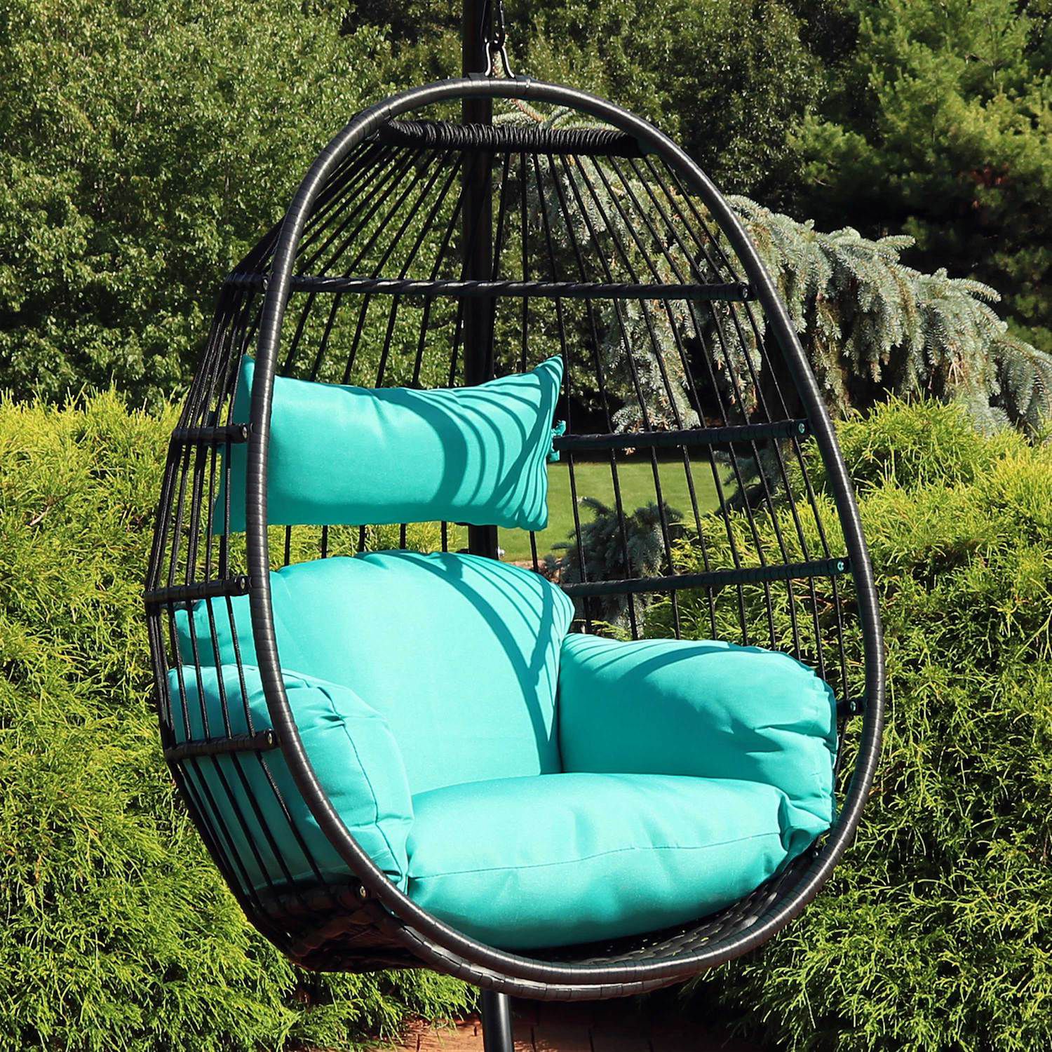 Sunnydaze Black Resin Wicker Hanging Egg Chair with Cushions - Blue