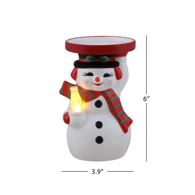 Ceramic Lit Snowman Candle Holder And Flameless Candle