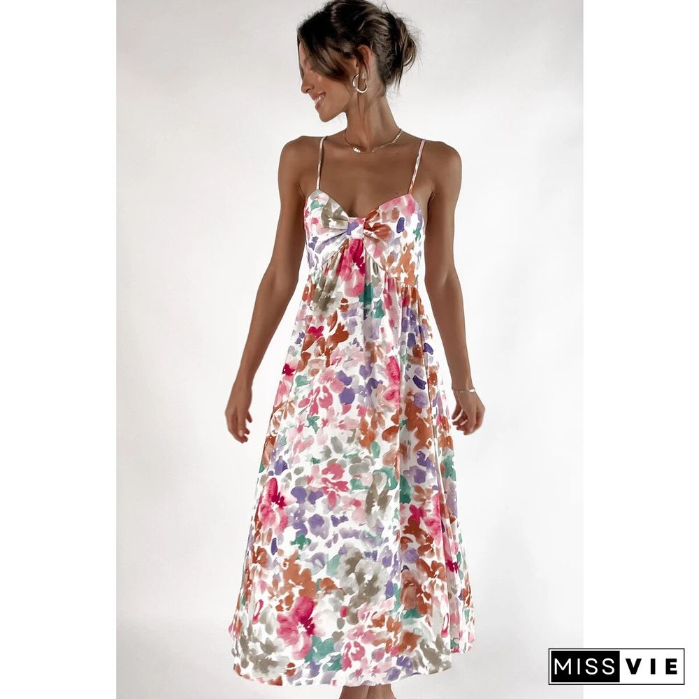 Elegant Fashion Summer Women Dresses New Slim Sexy Spaghetti Strap Fresh Sweet Folds V-neck Floral Print Long Sling Dress