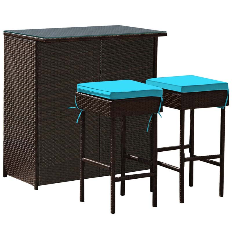 3 Pcs Rattan Patio Bar Dining Set Outdoor Counter Height Table Set with Cushioned Stools & Glass Top Table