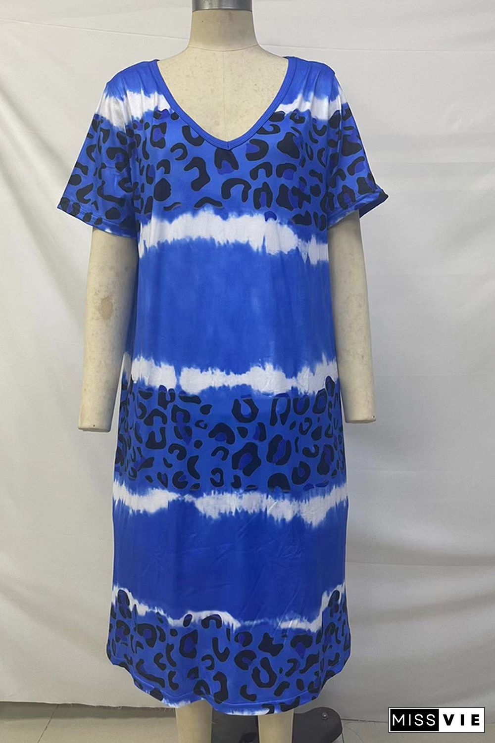 Blue Tie Dye Leopard Print T-Shirt Dress