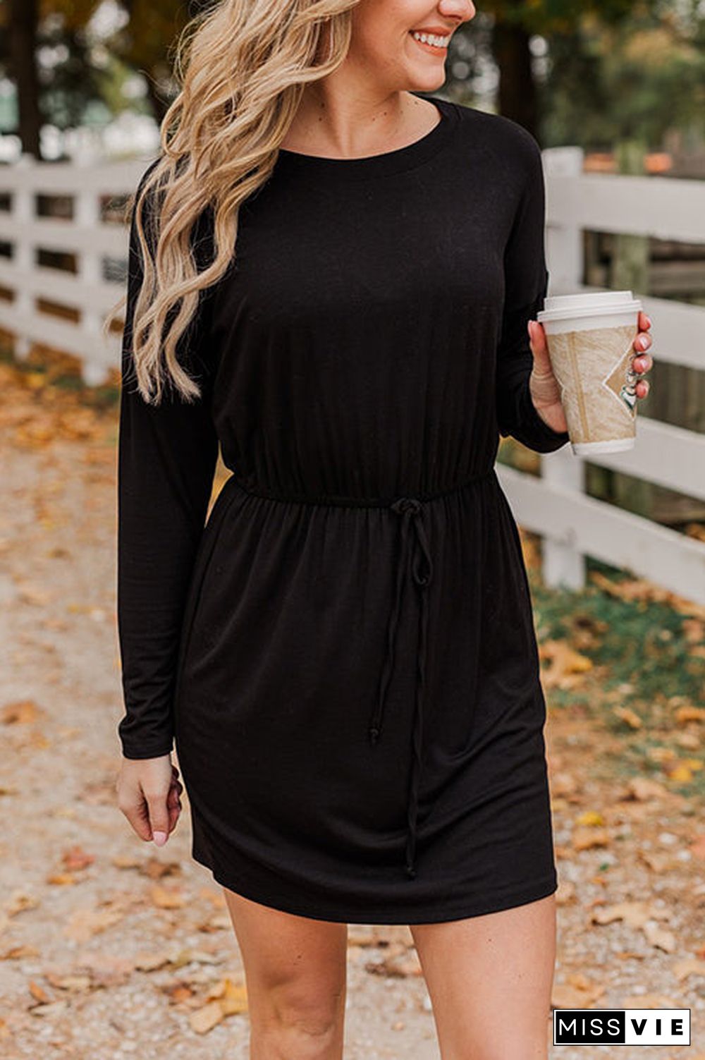 Drawstring O Neck Long Sleeve Swing Dress