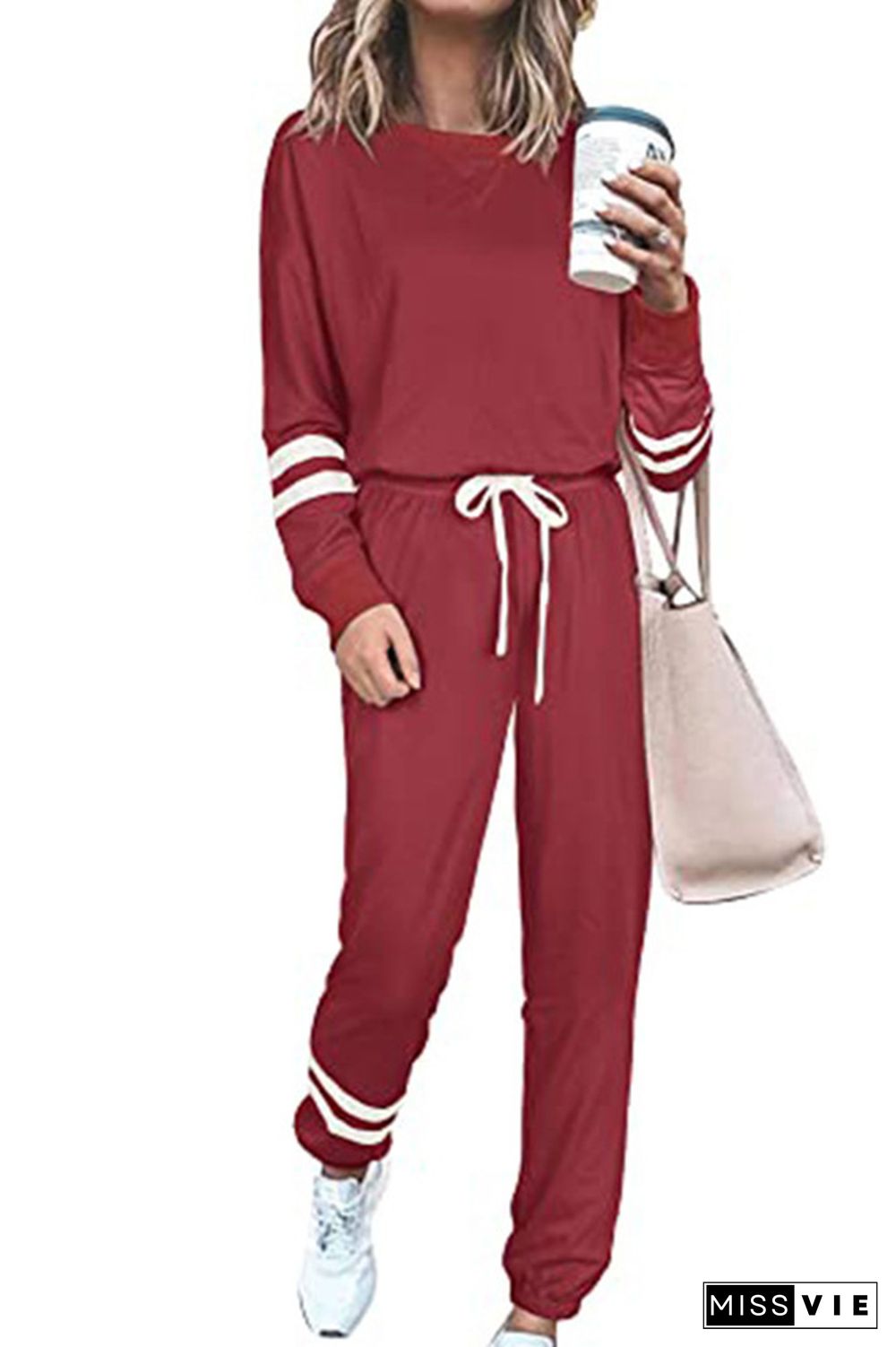 Red Round Neck Long Sleeve Two Piece Pants Set