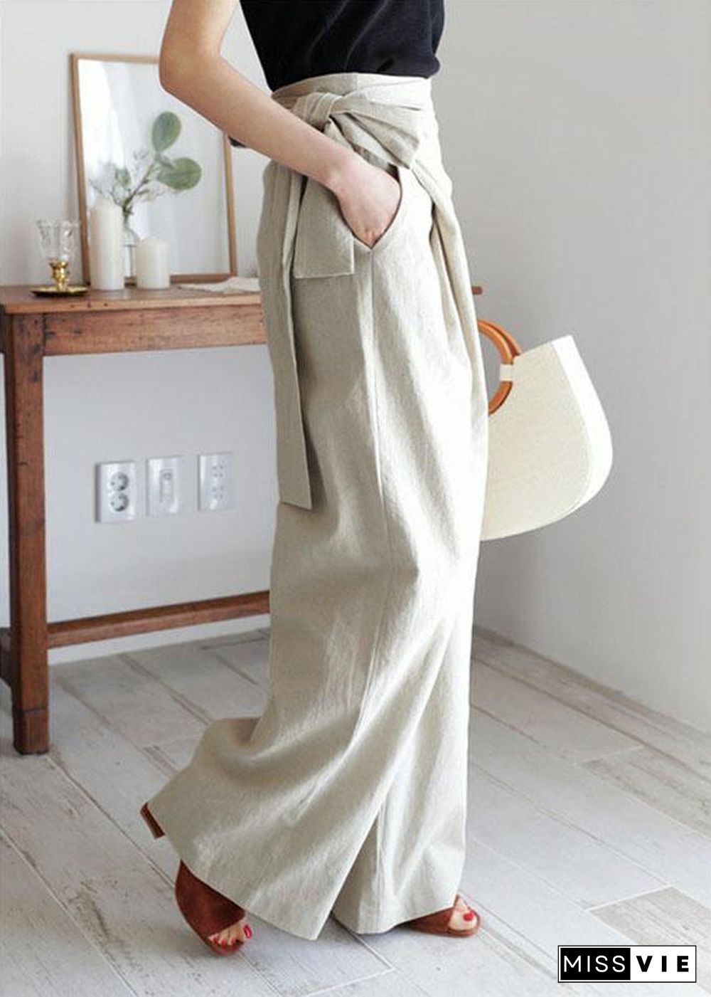 Women Solid Color Asymmetrical Bandage Design Breathable Wide Leg Pants