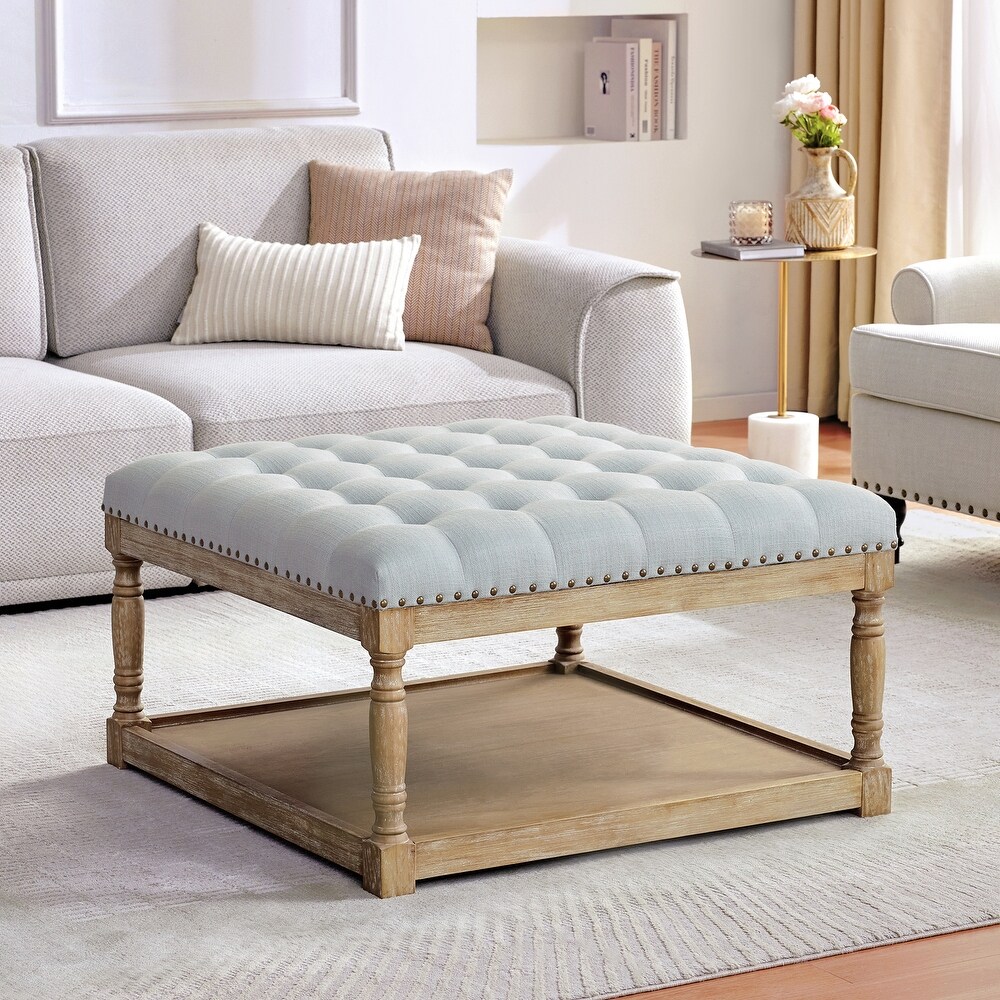 Tufted Textile Shelved Ottoman Table Brown/ Beige/ Light Blue