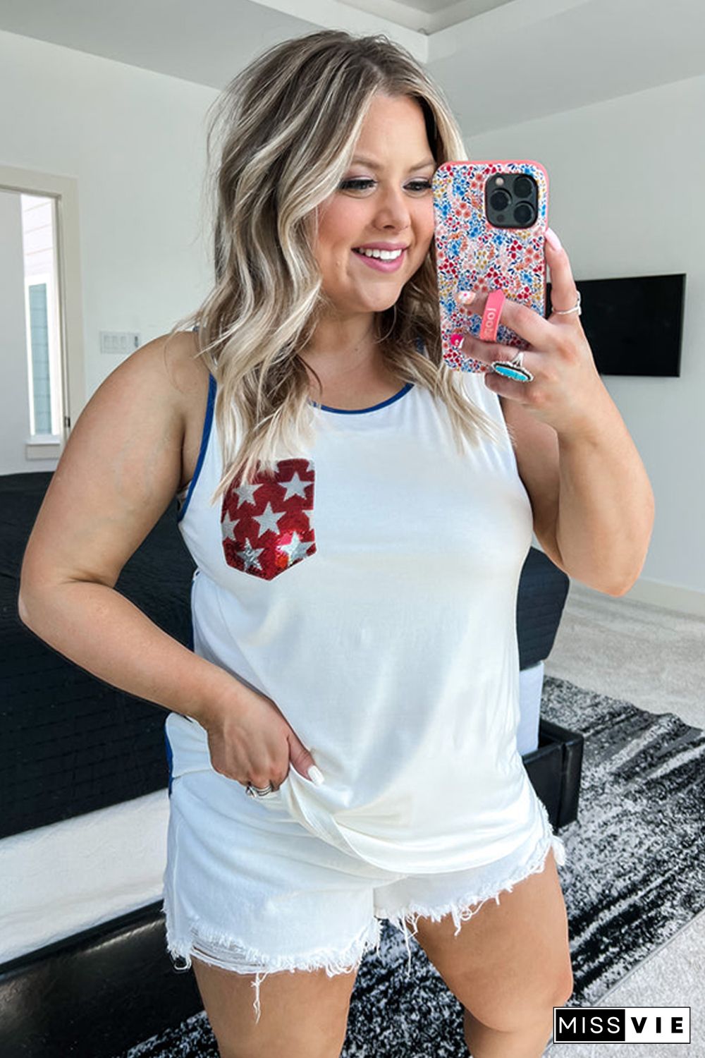 White Plus Size Shiny Pocket Flag Star Back Tank Top