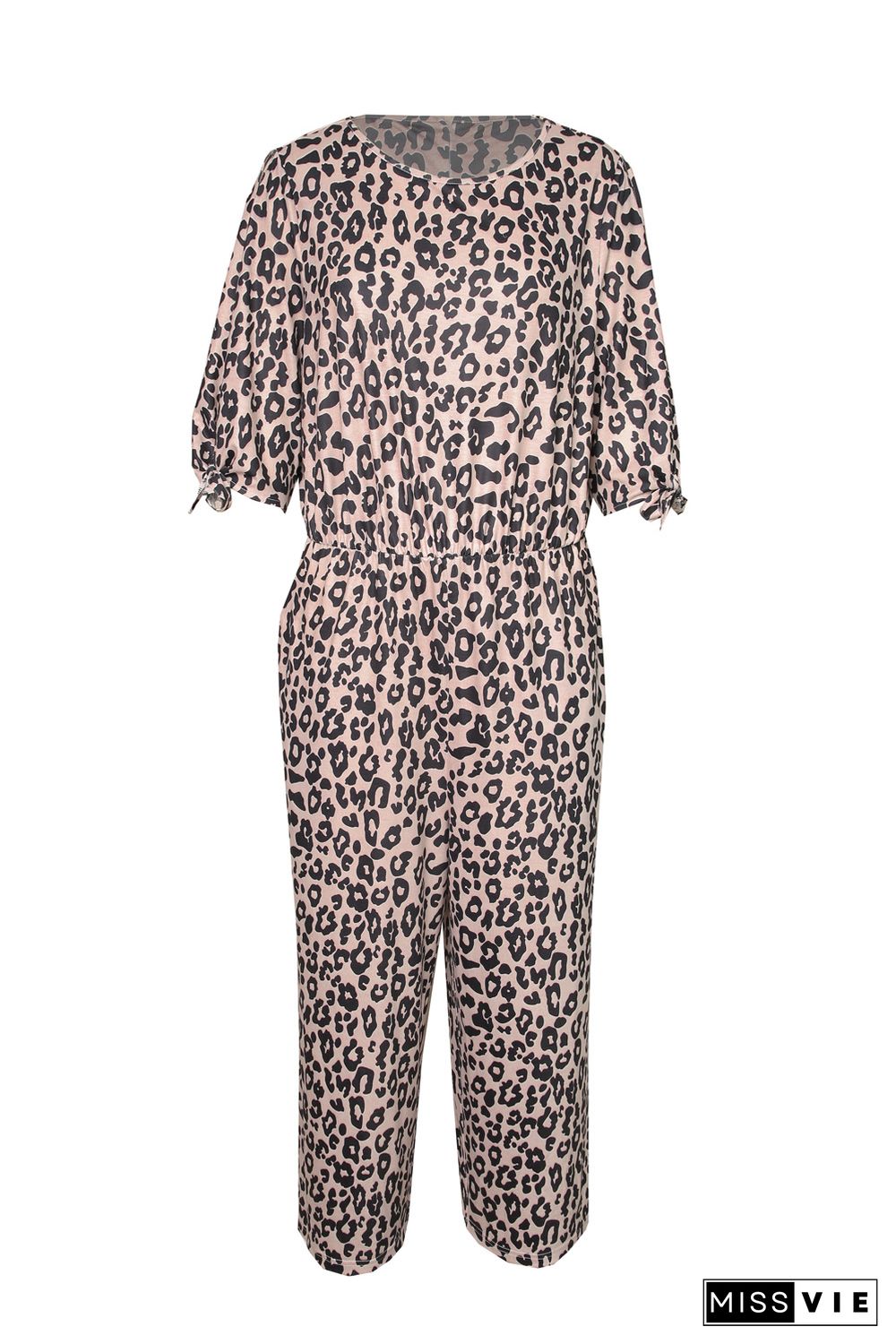 Leopard Print Cut-out Half Sleeve Plus Size Jumpsuit