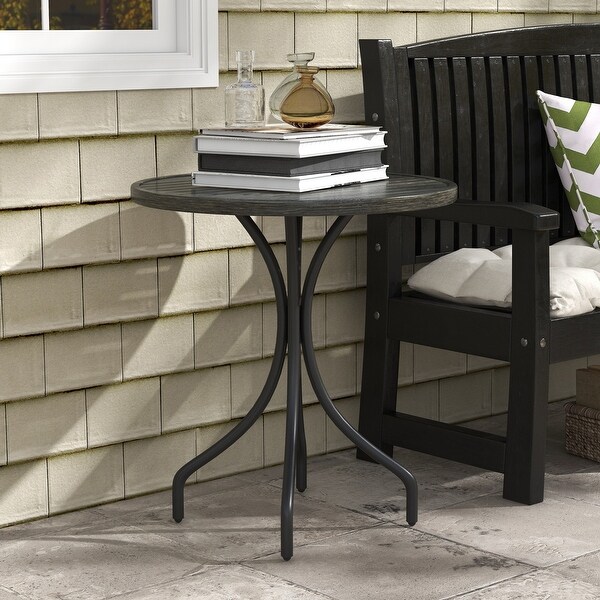 Outdoor Side Table，Patio Round Coffee Table with Steel Frame and Slat Tabletop