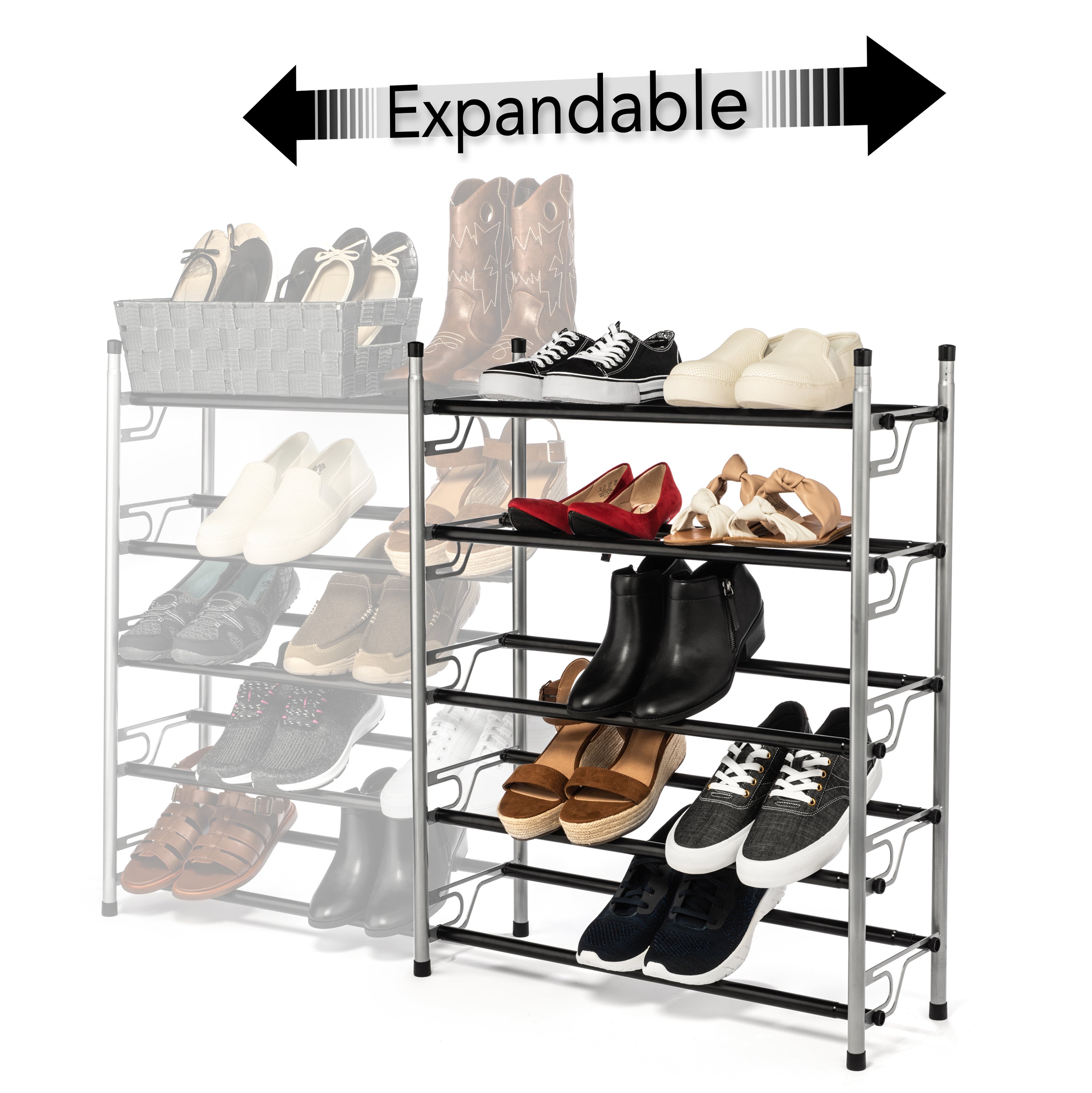 USTECH 5 Tier， Metal Shoe Rack， Expandable and Adjustable， Non Slip Surface， 25 Pairs