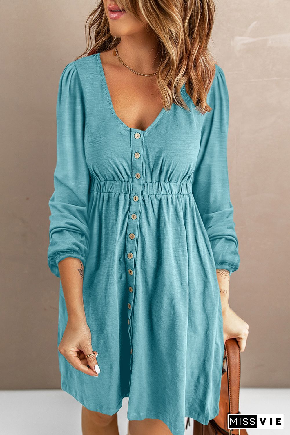 Sky Blue Button Up High Waist Long Sleeve Dress