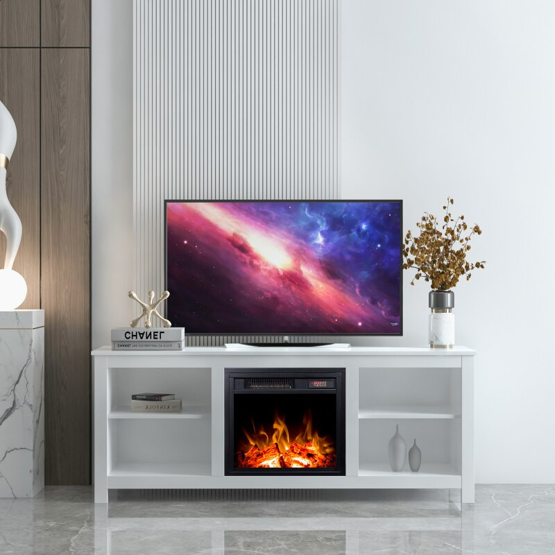 White TV Cabinet With Electric Fireplace and Heater Remote Control Set   Transitional   Entertainment Centers And Tv Stands   by Miron Demid LLC  Houzz