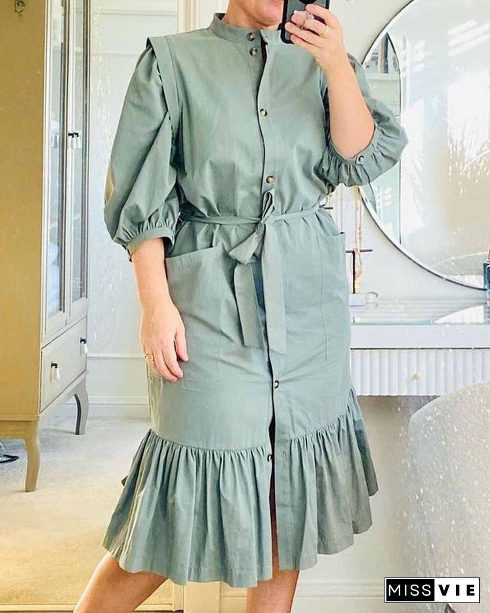 Plus Size Casual Shirt Long Sleeve Solid Slim Fit Crew Neck Dress