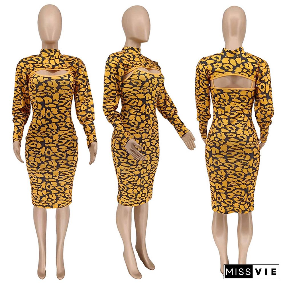 Fashion Leopard Spaghetti Straps Midi Dress+Long Sleeve O Neck Mini Top Women 2 Piece Set