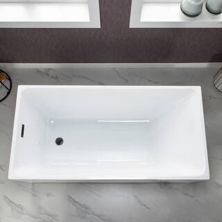 WOODBRIDGE Ahri 59 in. Acrylic Flatbottom Rectangle Bathtub with Matte Black Overflow and Drain Included in White HBT5897