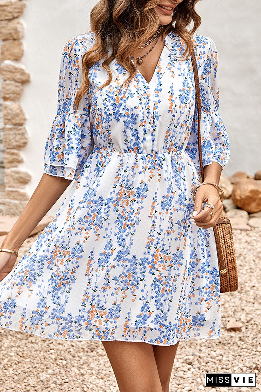 V Neck Buttoned Down High Waist Floral Dress