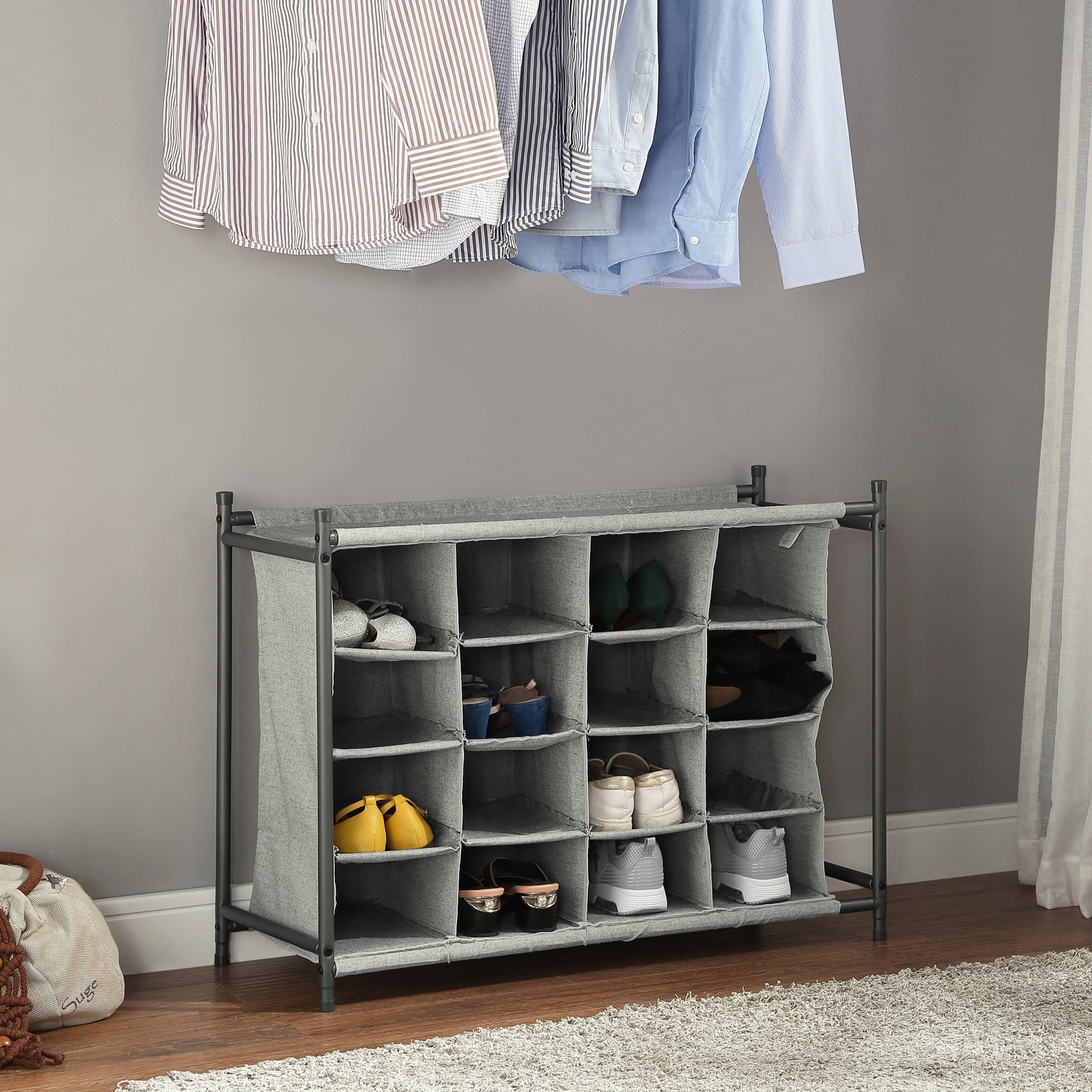 Better Homes and Gardens 4-Tier Charleston Collection 16 Pairs Shoe Organizer， Gray