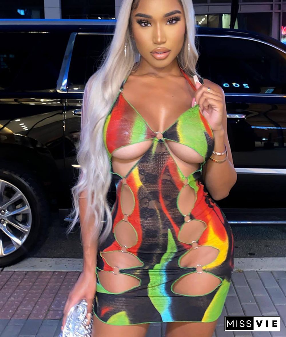 Colorful Print Mesh Hollow Out Halter Mini Dresses