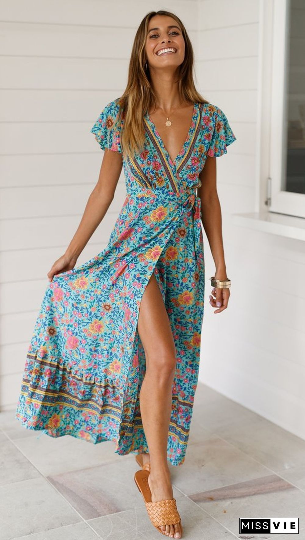 Floral V-Neck Short Sleeve Maxi Dress