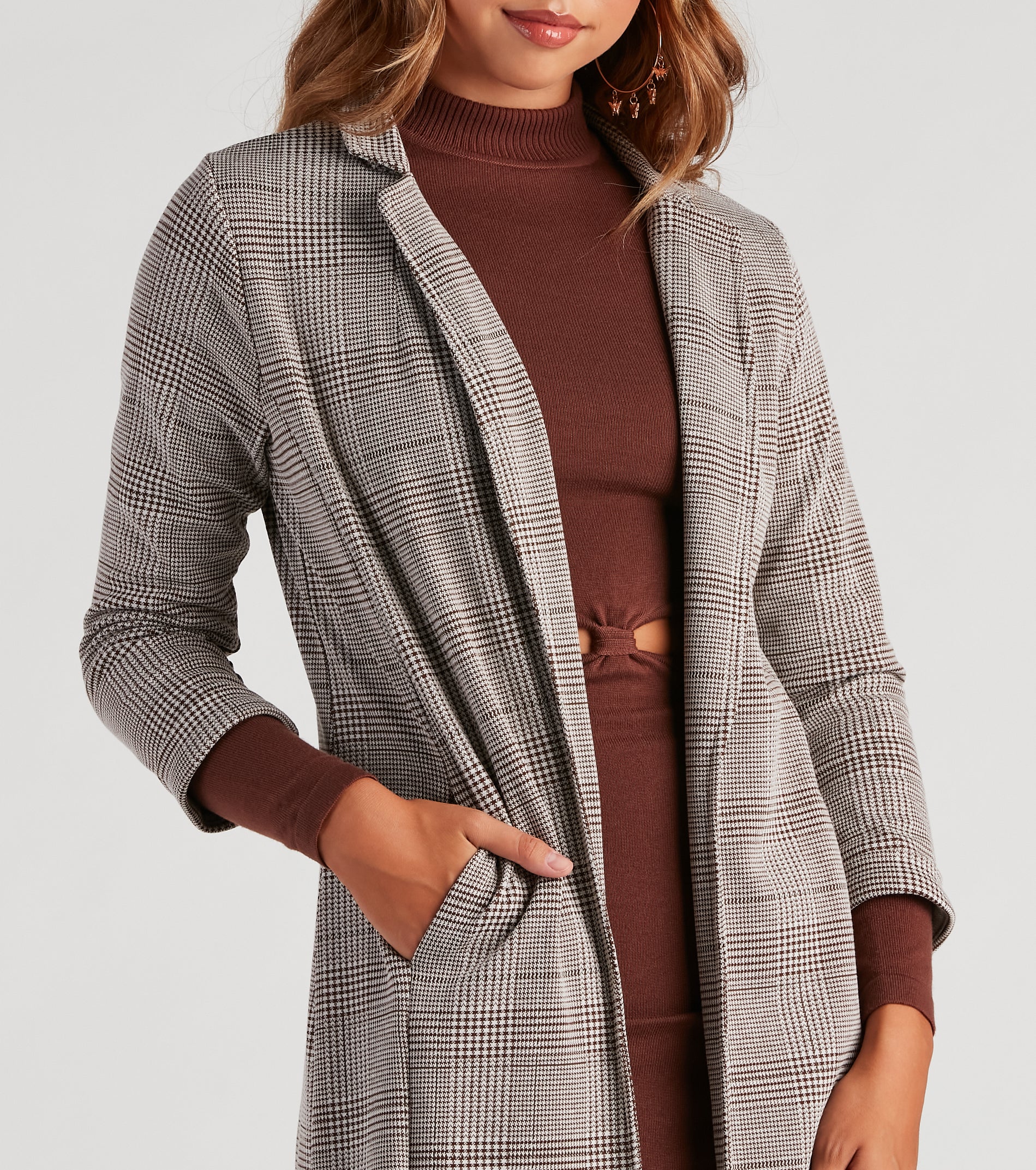 City Style Plaid Long Line Blazer