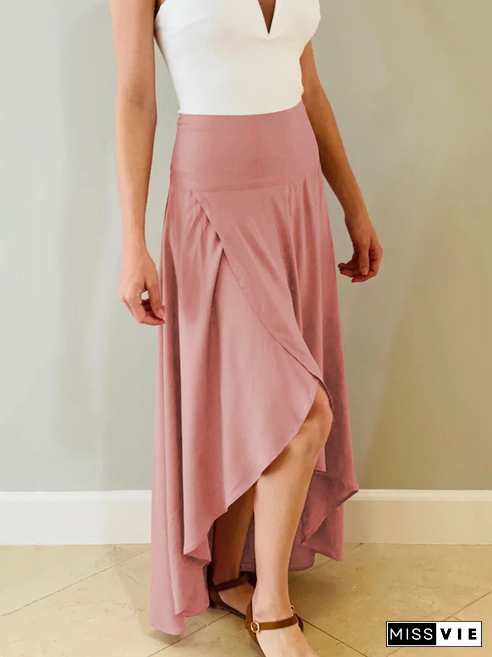 Simple  Asymmetric Split-Front Falbala Solid Color  Skirts Bottoms