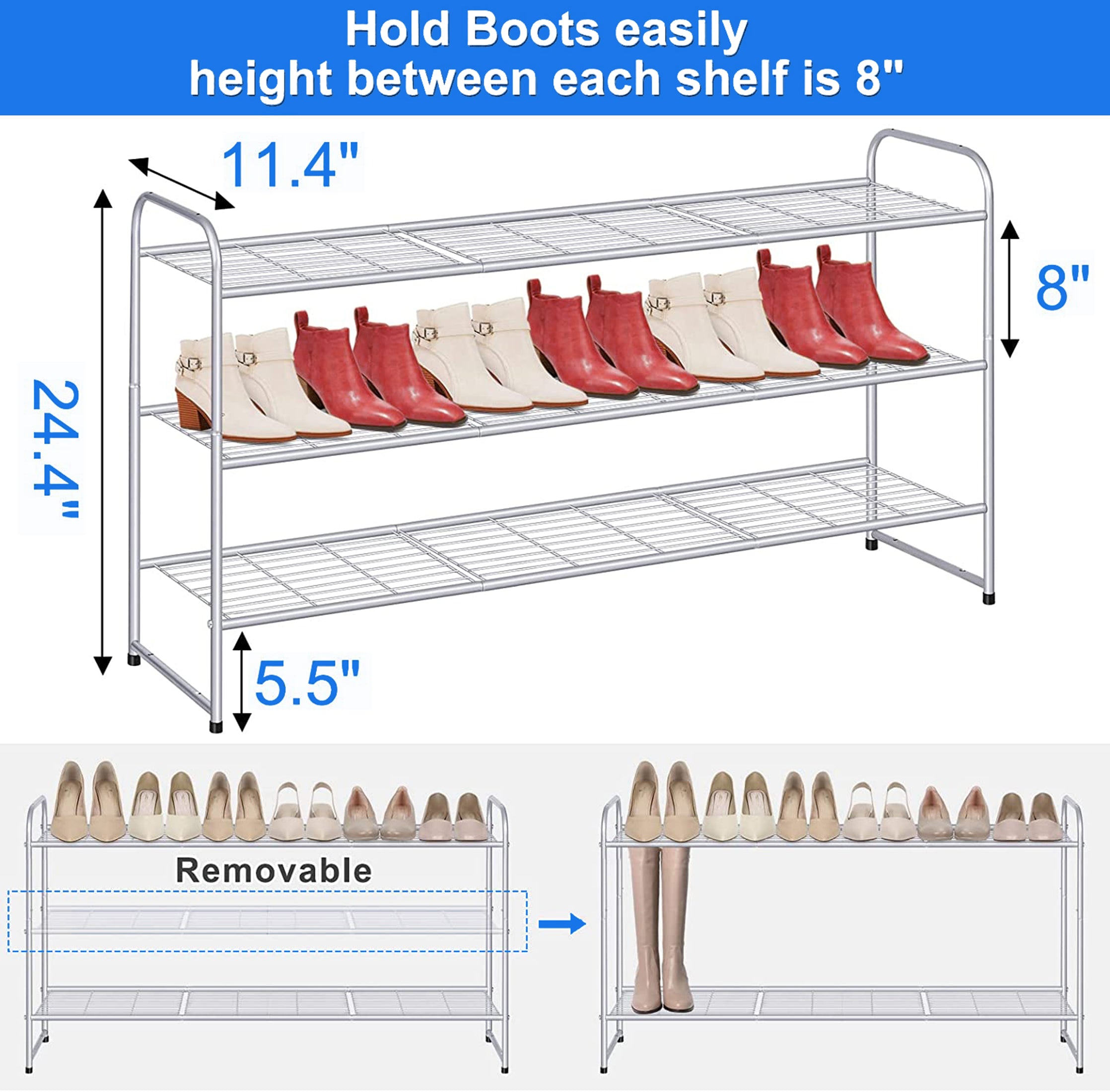 MISSLO 3 Tier Metal Long Shoe Rack Wide Shoe Shelf with Wire Grid for Closet Entryway Storage 24 Pairs Men Sneaker Organizer， Grey