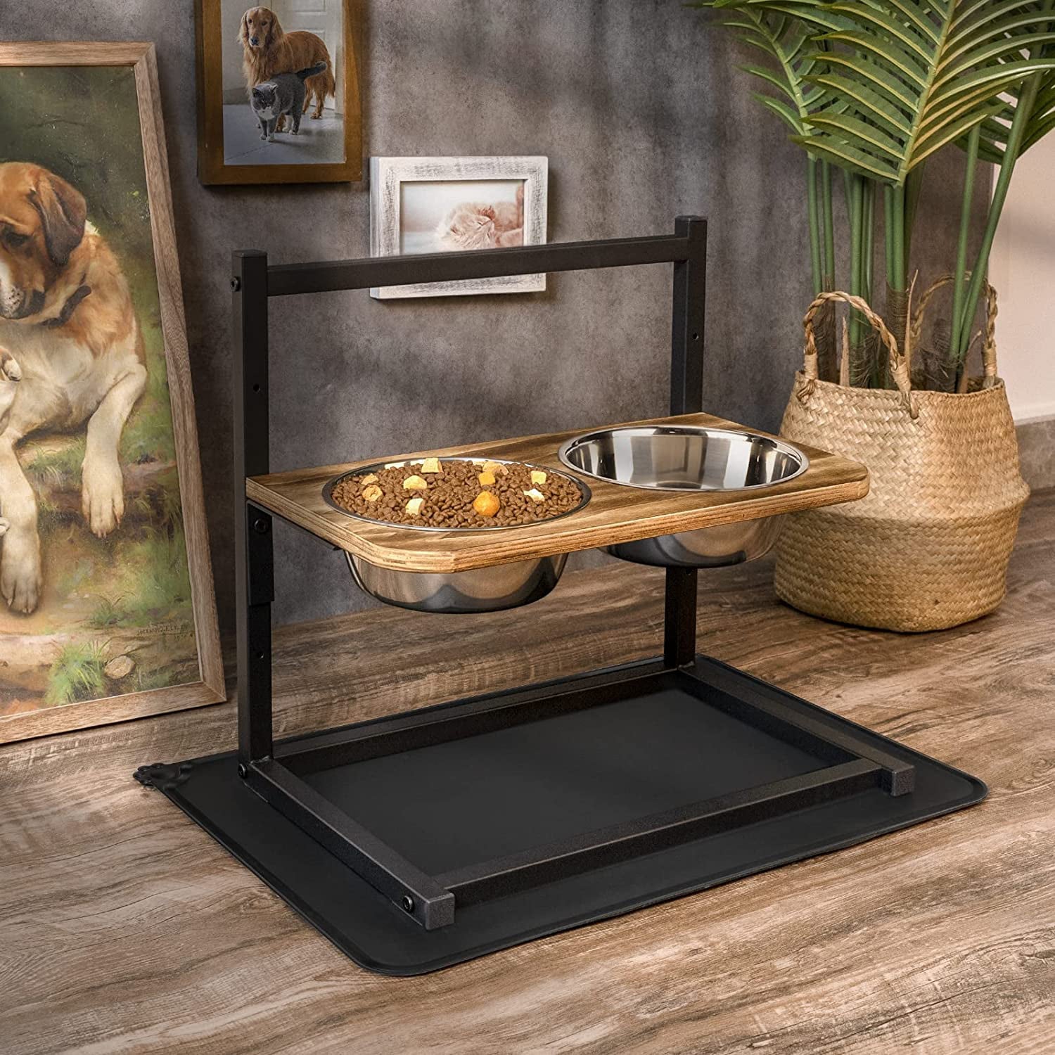 Emfogo Dog Bowls Elevated Dog Bowls Stand Adjustable Elevated 3 Heights with Spill Proof Mat Raised Dog Bowl for Large Dogs,16.5x16 inch