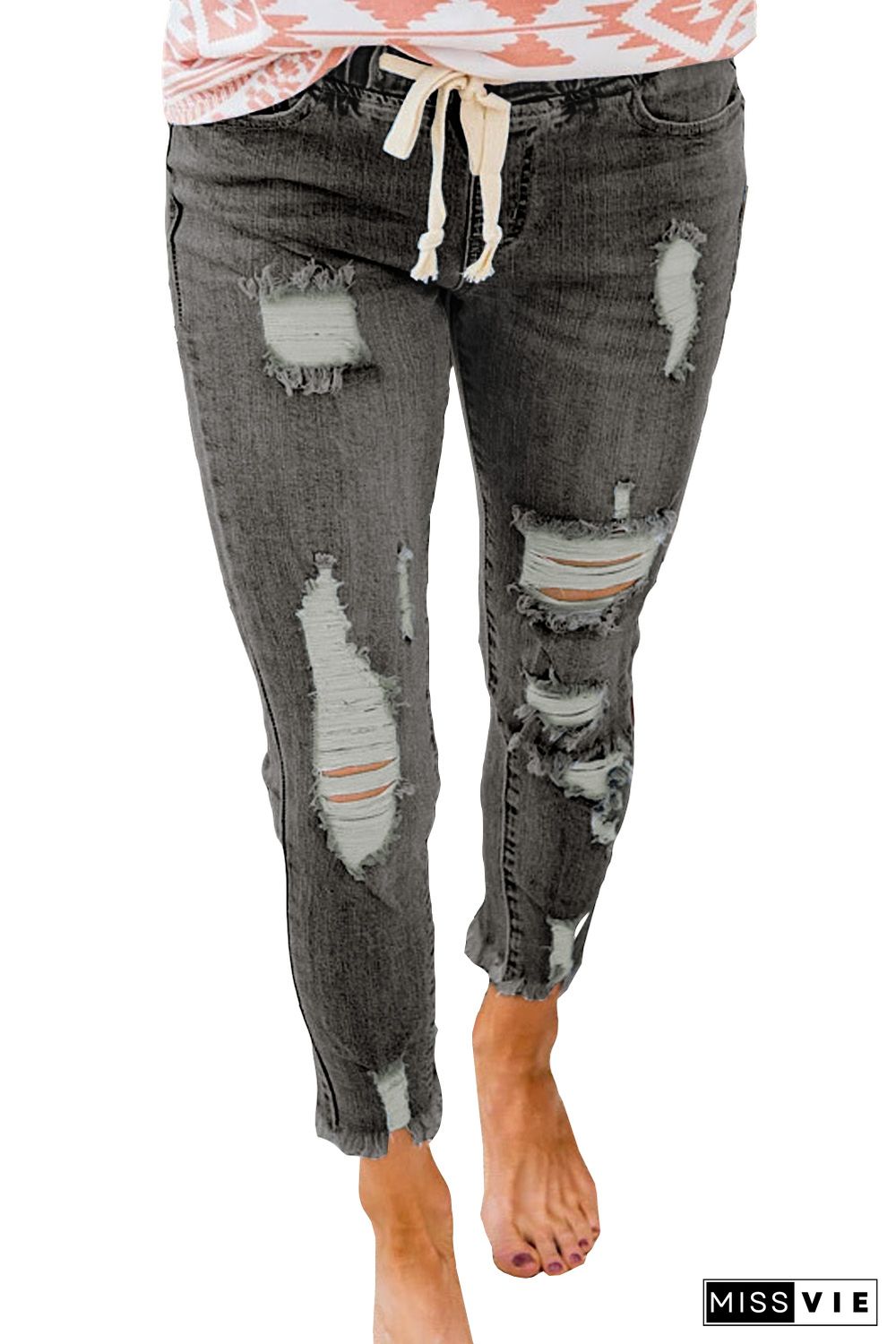 Gray Drawstring Elastic Waist Hole Ripped Jeans