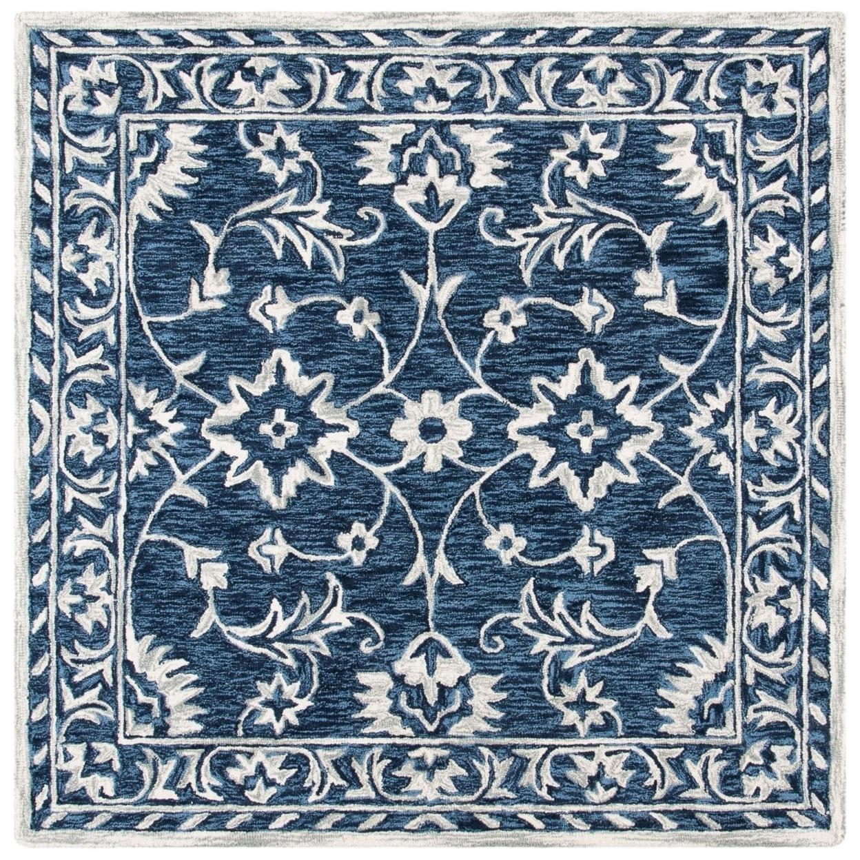 SAFAVIEH Micro-Loop Kevin Floral Area Rug， Navy/Taupe， 5and#8242; x 5and#8242; Square