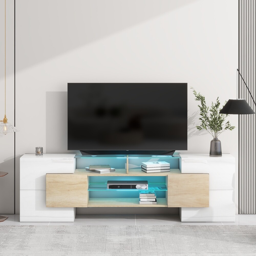 High Gloss TV Stand with 2 Illuminated Glass Shelves and Storage Cabinets  Entertainment Center with LED Lights for 80\