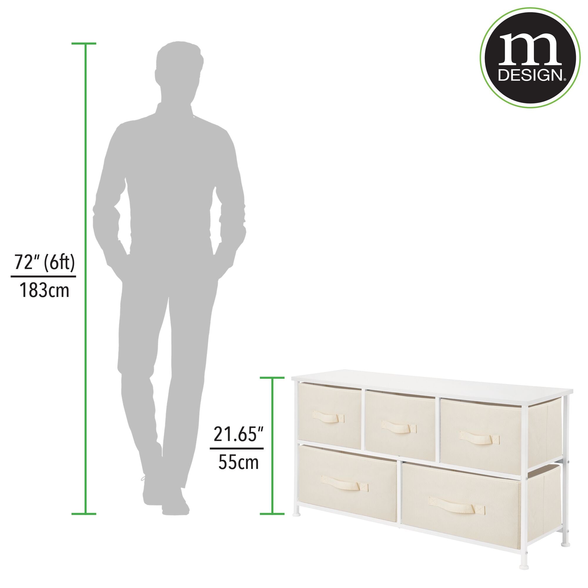 mDesign Wide Steel Frame/Wood Top Storage Dresser Furniture Unit with 5 Removable Fabric Drawers, Large Bureau Organizer for Bedroom, Living Room, Closet - Jane Collection, Cream/White