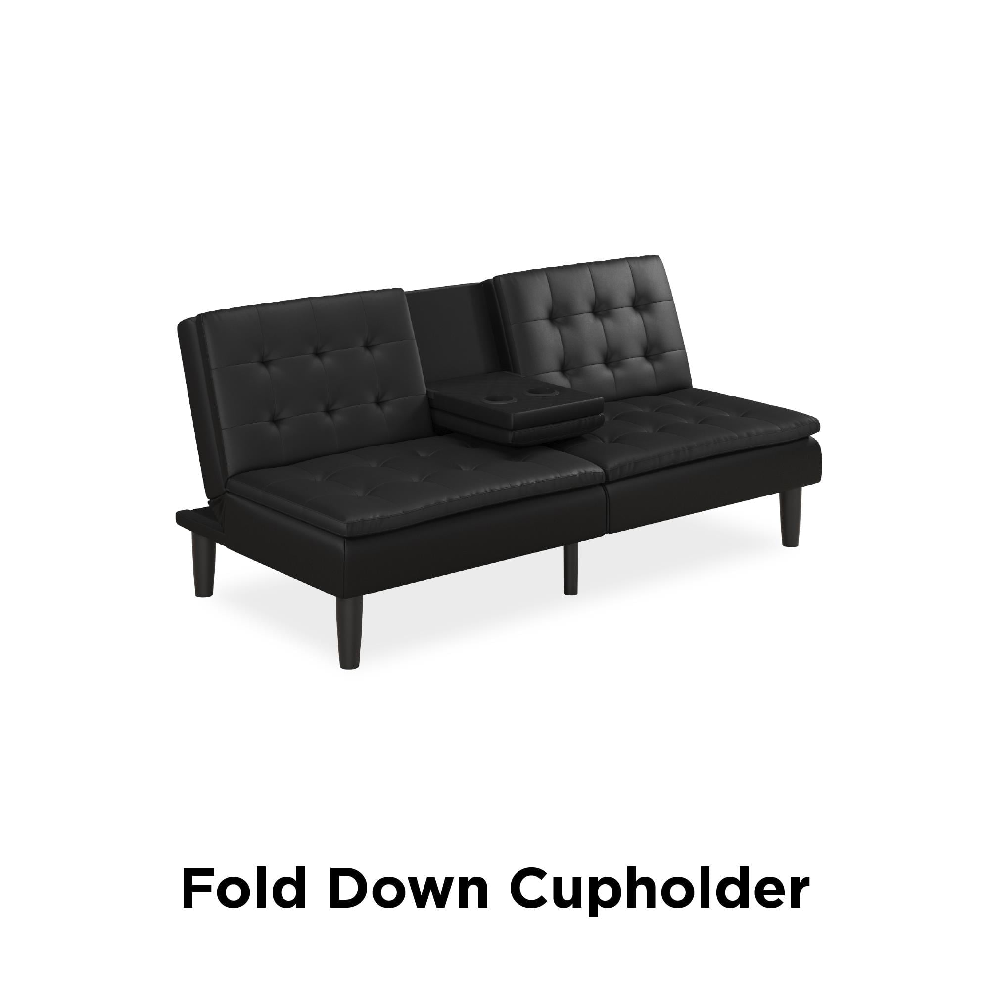 Mainstays Memory Foam PillowTop Futon with Cupholder, Black Faux Leather