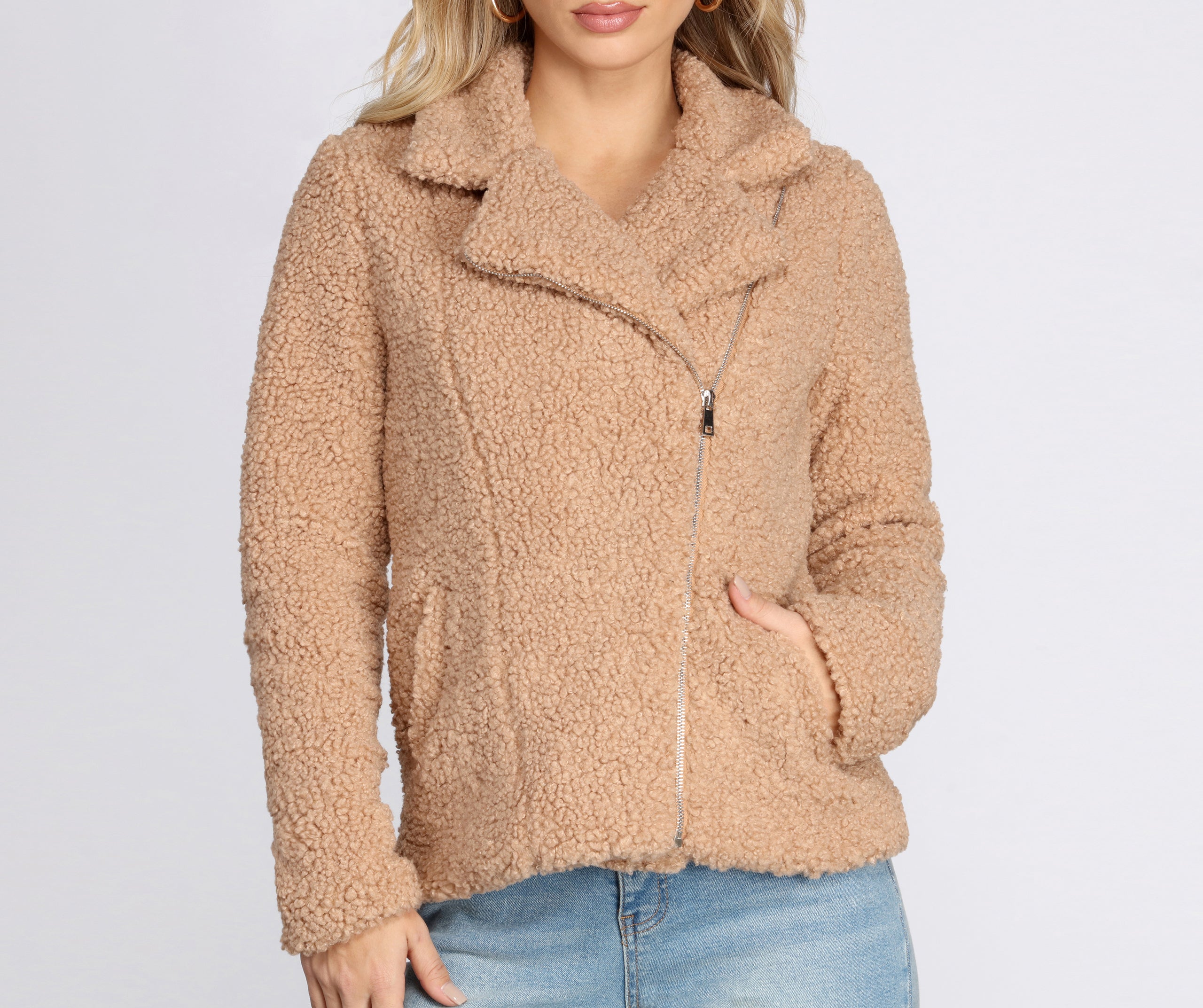 Asymmetrical Zip Front Teddy Jacket