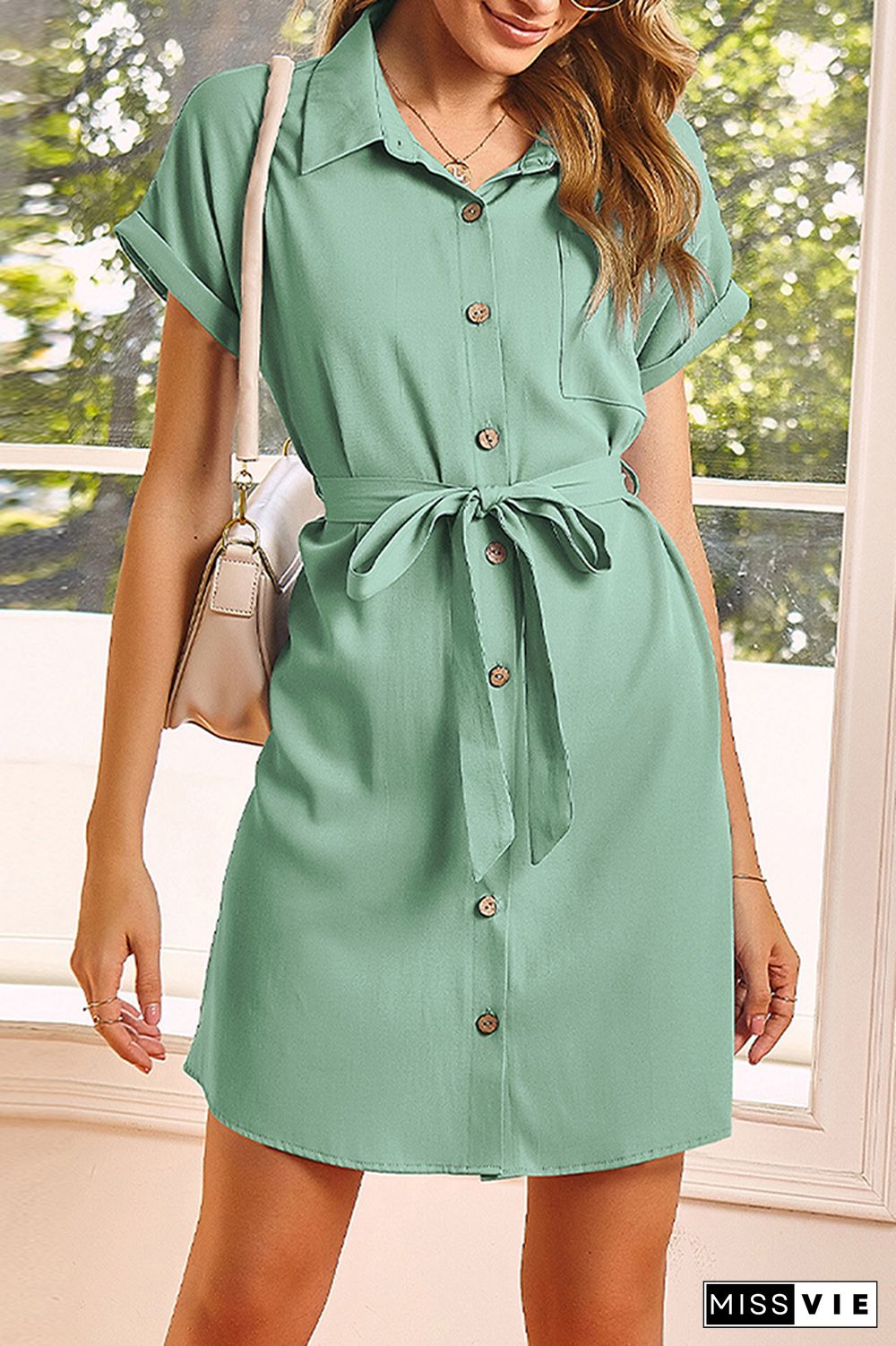 Elegant Single-breasted Short Sleeve Belted Shirt Dress Wholesale