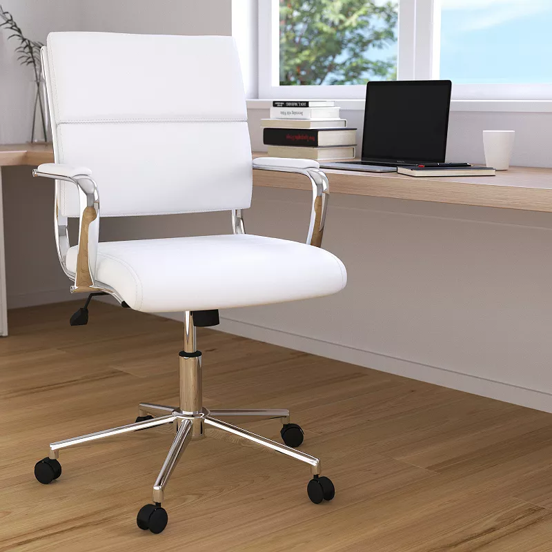 Merrick Lane McEntyre White Ergonomic Swivel Office Chair Panel Style Mid-Back Faux Leather Computer Desk Chair with Padded Chrome Arms and Base