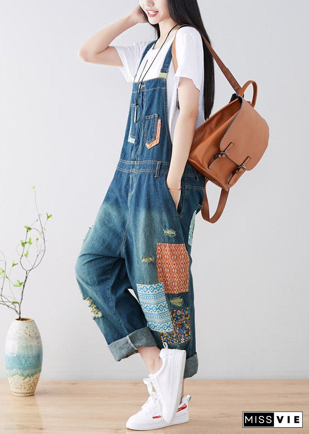 Art Blue pockets Patchwork ripped denim Jumpsuit Spring