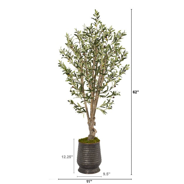 Nearly Natural 62-in Olive Artificial Tree In Ribbed Metal Planter